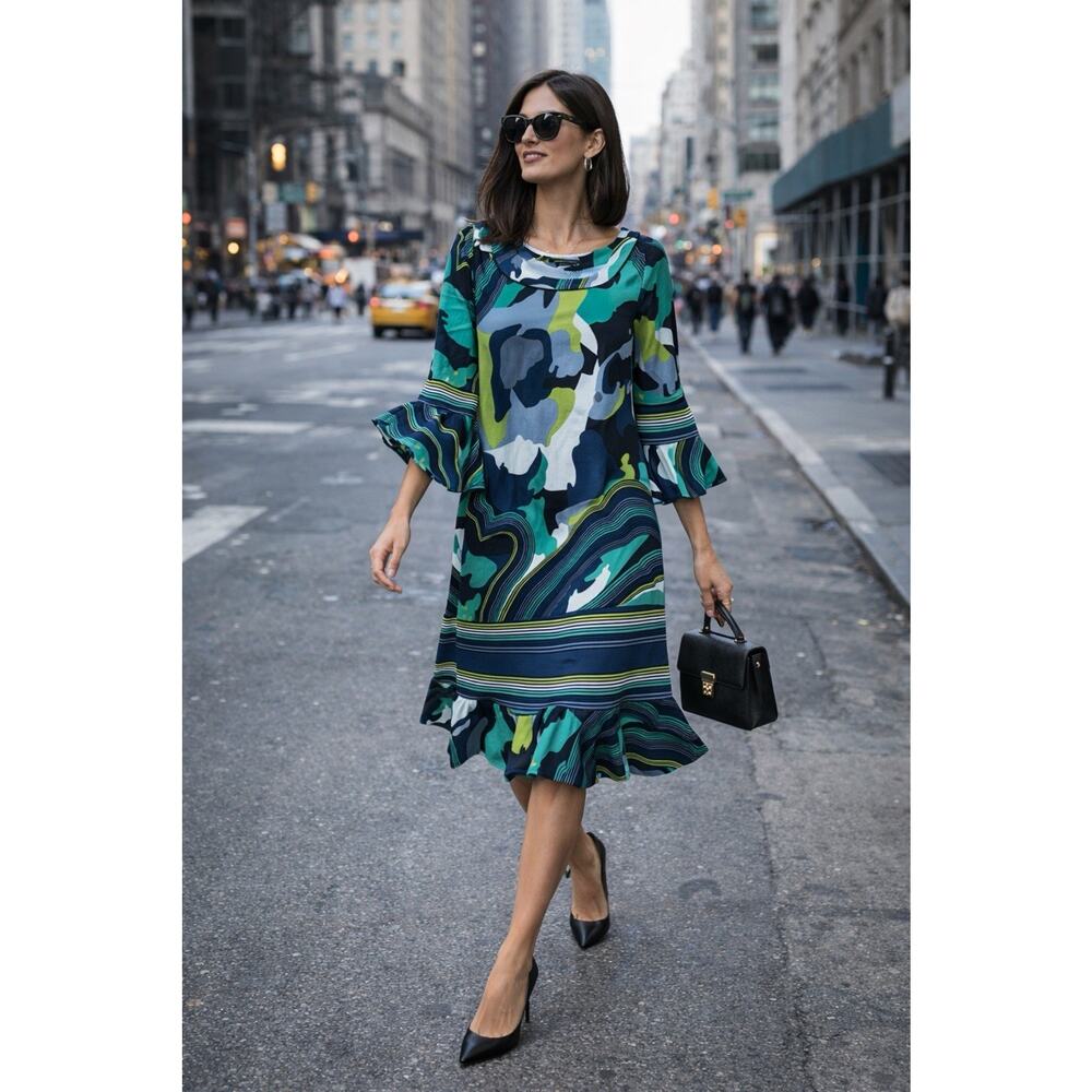 BCBG MAXAZRIA Black & Green Abstract Print Dress W/Ruffle Sleeve Feminine Sz S